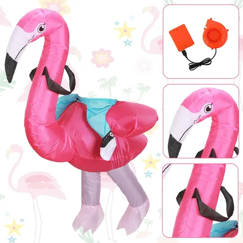 Vista 2 de Disfraz inflable de flamenco para niños, disfraz inflable de flamenco con sombrero de cubo rosa, divertido vestido elegante para Halloween, Navidad