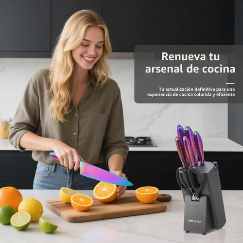 Vista 2 de WELLSTAR Juego de cuchillos arcoíris de 8 piezas, juego de cuchillos de cocina de acero inoxidable alemán iridescente con bloque de madera Juego