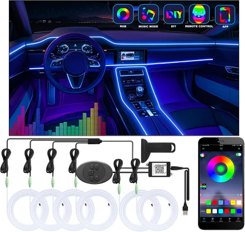 Vista 10 de Tira de luces LED para coche, luces interiores del coche, kit de iluminación LED ambiental con RGB de 16 millones de colores de fibra óptica y ritmo