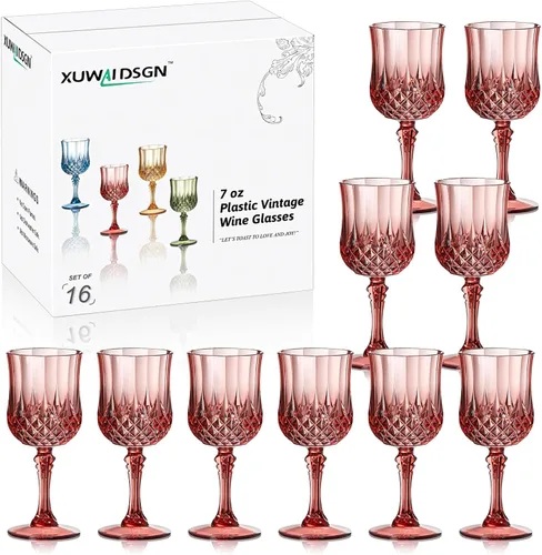 Vista 15 de XUWAIDSGN 16 Piezas Copas de Vino Vintage de Plástico de 7oz Vasos para Beber Irrompibles Cristalería para Bodas Copas de Agua de Cristal