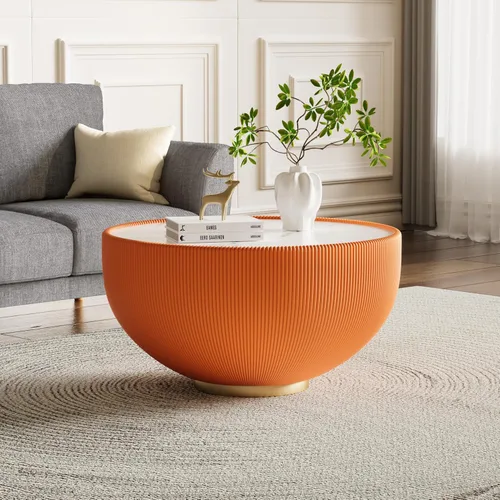Vista 22 de Mesa auxiliar redonda moderna, mesa auxiliar de sofá de mármol sintético con base cubierta de cuero sintético en forma de cuenco, mesa auxiliar En