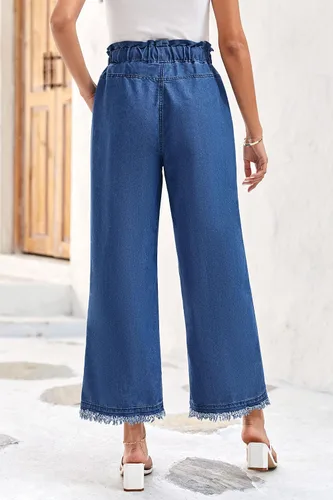Vista 3 de Valphsio Pantalones de mezclilla holgados de pierna ancha para mujer, cintura con lazo en la cintura, culottes de cambray, pantalones con borlas