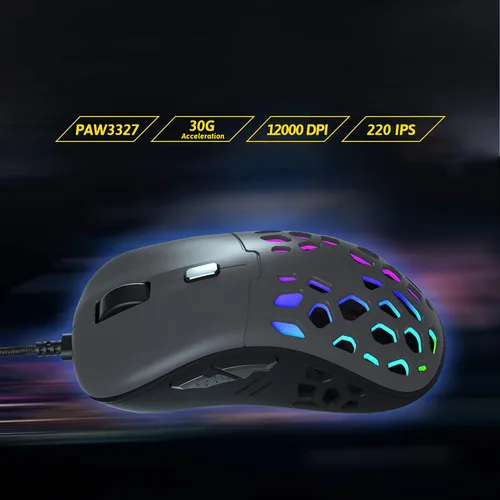 Vista 2 de DREVO Osprey - Mouse para juegos RGB, 12000 DPI, ultraligero de 2.29 oz, sensor óptico PixArt PAW 3327, 6 botones programables, carcasa de panal