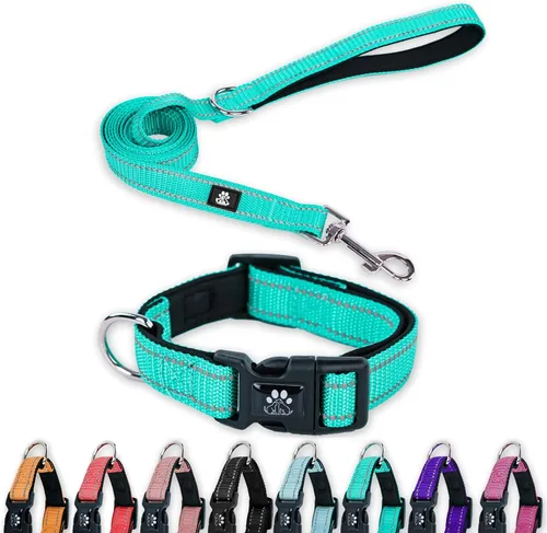Vista 7 de FURRYFECTION Juego de collar y correa reflectante para perro con hebilla de liberación rápida, neopreno acolchado de nylon ajustable para perros