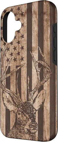 Vista 2 de Funda de madera para iPhone 16 con diseño de ciervo de cola blanca para caza cazador de bandera estadounidense