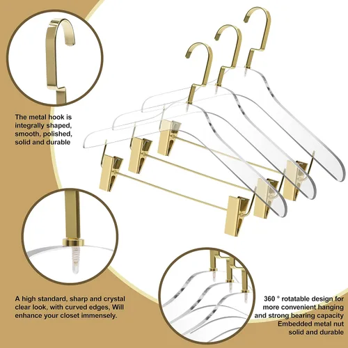 Vista 2 de Perchas acrílicas transparentes de calidad 40 para faldas y pantalones, elegante colgador con ganchos dorados, organizador de armario para adultos