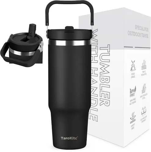 Vista 8 de TaroKitc Vaso de 30 onzas con asa y popote abatible, botella de agua aislada al vacío de triple pared, taza de viaje reutilizable a prueba de fugas