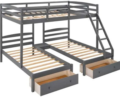 Vista 6 de Merai - Cama matrimonial y litera doble, litera triple de madera con cajones y barandillas (gris 2)