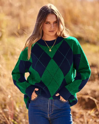 Vista 2 de BTFBM Suéter de punto de manga larga con rombos para mujer, cuello redondo, casual, manga larga, suéter de punto para otoño e invierno