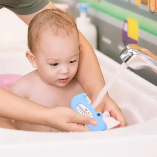 Vista 3 de Termómetro de baño de cocodrilo para bebé, 2 unidades, termómetro de temperatura del agua para piscinas, spas, jacuzzis, estanques, azul cielo