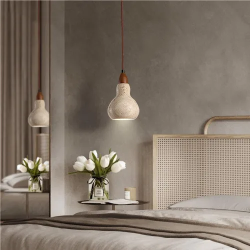 Vista 5 de Vintage Small Bedside Pendant Lights Mid Century Natural Stone Hanging Lamp Nordic Single Head Solid Wood Chandelier for Kitchen Island Bedroom