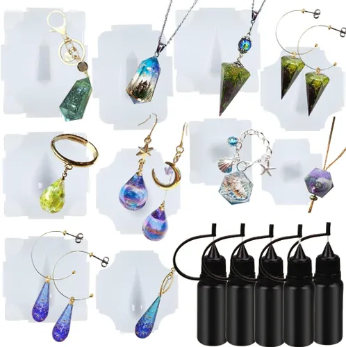 Vista 7 de Molde de silicona 3D Merkaba Chakra Stones Geométrico UV Resina Fundición con 5 botellas aplicadoras de punta de precisión, paquete de 8 collares