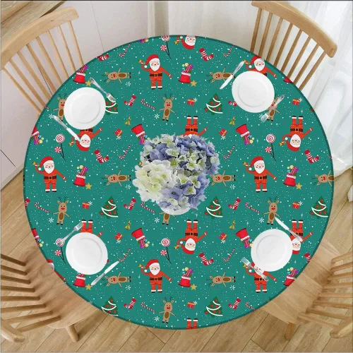 Vista 15 de Mantel redondo de Navidad, impermeable y borrable con borde elástico, jamón de cerdo asado servido con papas horneadas, se adapta a mesa redonda