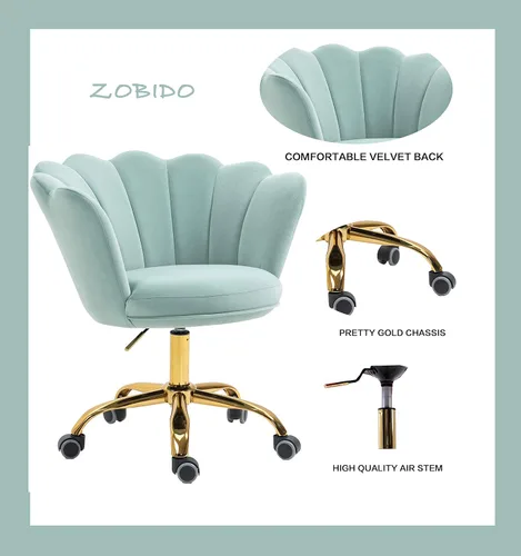 Vista 4 de Silla cómoda de oficina en casa con ruedas, linda silla de escritorio ajustable de terciopelo con respaldo de concha marina moderna giratoria
