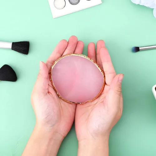 Vista 8 de Ouligay Paleta de arte de uñas de resina Paleta de mezcla de maquillaje con borde dorado, herramienta de arte de uñas, diseño de gel, bandeja de Rosa