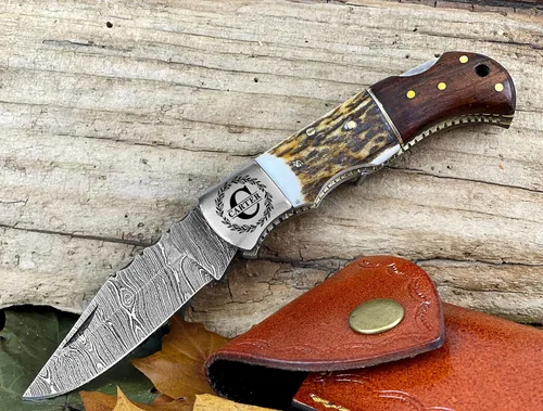 Vista 10 de Cuchillo plegable de bolsillo de acero de Damasco personalizado, regalo personalizado para marido, papá, novio, regalos de padrinos de boda, regalos