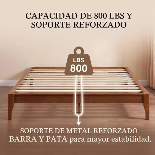Vista 7 de Merax Cama de plataforma de bambú de tamaño completo, marco de cama moderno de mediados de siglo con soporte de listones de madera, no necesita