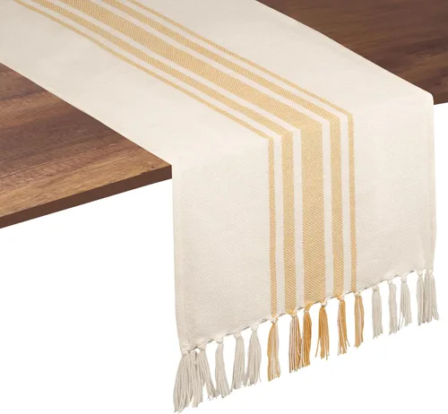 Vista 14 de Native Fab Camino de mesa a rayas grises – Mantel bohemio de 72 pulgadas de largo con borlas – 100% algodón, tejido apretado, mantel antideslizante