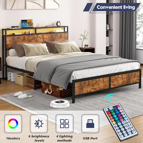 Vista 5 de Base de cama Queen con luces LED, cabecera de almacenamiento industrial con estación de carga y puerto USB, marco de cama industrial moderno