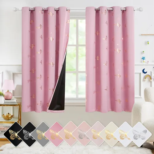 Vista 37 de Jubilantex - Cortinas opacas con diseño de mariposa dorada, 80 % rosa bebé Cortinas opacas 80% rosa lavanda/rosa bebé, estampado de mariposa