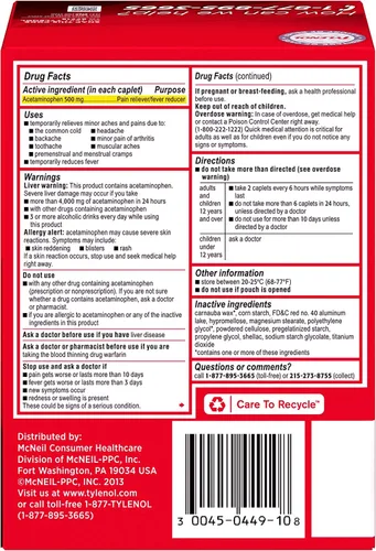Vista 2 de Tylenol (R) Fuerza extra, dosis de 2 cápsulas, 100 cápsulas en total, 500 mg cada uno