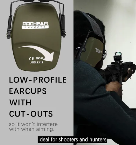 Vista 3 de PROHEAR 016 Shooting - Orejeras de protección para los oídos, paquete de 2, NRR 26dB para rango de armas, caza, negro y verde