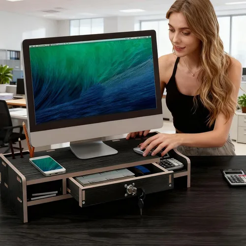 Vista 7 de Monitor Riser Wooden Desktop Organizer Shelf Black