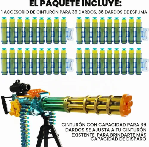 Vista 2 de Recarga de balas de espuma ArtCreativity para pistola de juguete electrónica Gatling, 36 dardos con accesorio de cinturón de balas, recarga