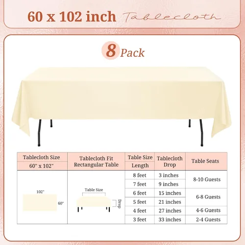 Vista 2 de Paquete de 8 manteles de poliéster de 60 x 102 pulgadas, manteles rectangulares beige para mesas de 6 pies, resistentes a las manchas y a