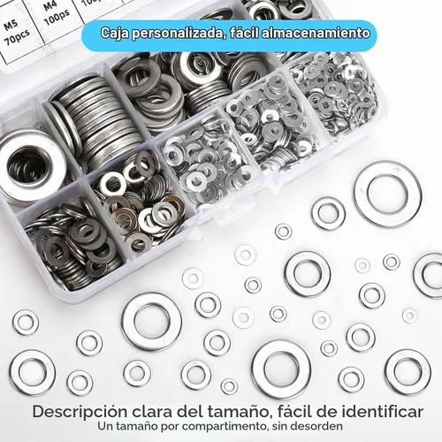 Vista 6 de 800 piezas de arandelas planas de acero inoxidable 304 para tornillos y pernos, juego surtido de arandelas tipo fender, kit surtido de arandelas