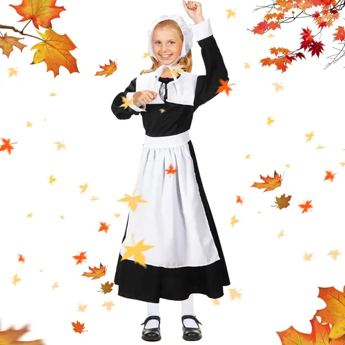 Vista 6 de Conjunto de disfraz de peregrina para niñas, vestido colonial de peregrina, disfraz de peregrina para Halloween, disfraces de cosplay para niños