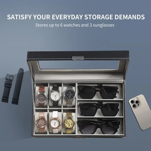 Vista 5 de AUTOARK AW-004 - Caja de cuero para 6 relojes y 3 lentes y gafas de sol con organizador de joyas, cajas de almacenamiento para hombre y mujer, tapa