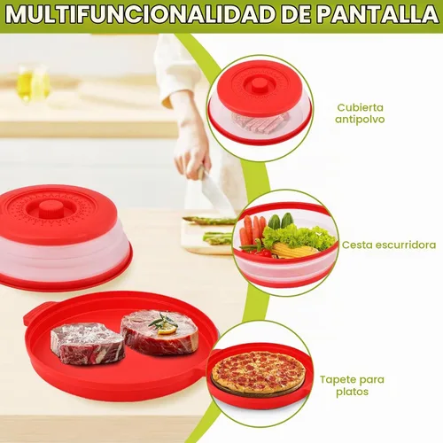 Vista 4 de Cubierta de salpicaduras para microondas para alimentos con placa base antiquemaduras, plástico grande y silicona ventilada para evitar quemaduras