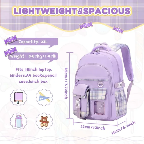 Vista 2 de PIG PIG GIRL Mochila para niñas, mochila ligera para niños, mochila escolar kawaii para escuela primaria, Púrpura, Mochilas Daypack