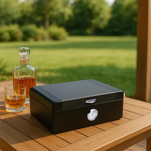 Vista 7 de Bey-Berk Dylan Humidor de puros con diseño de fibra de carbono, caja de 40 puros forrada de cedro español con higrómetro y humidificador, color negro
