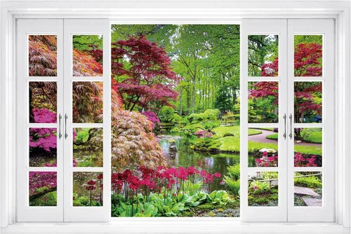 Vista 7 de FLFK Calcomanía de pared falsa para ventana, diseño de vista tropical del océano para despegar y pegar, 24 x 16 pulgadas