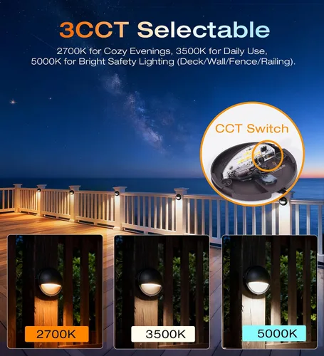 Vista 4 de CLOUDY BAY [Pack de 6] Luces LED de Cubierta de Bajo Voltaje de 3CCT para Exteriores, 2700K/3500K/5000K Seleccionables, Luz para Escalera, Valla
