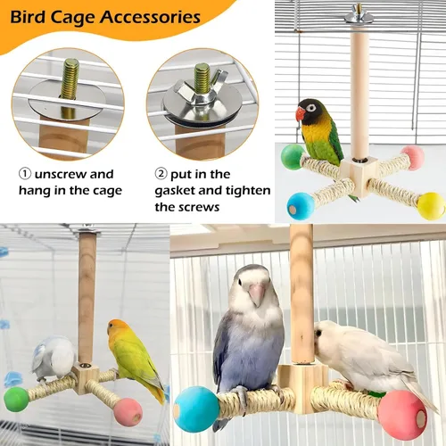 Vista 4 de Juguete de percha para pájaros, juguetes interactivos giratorios para periquitos, rueda de ejercicio de madera, juguete de loro, juguete
