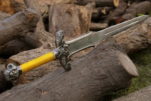 Vista 8 de Conan - Espada bárbara, hoja de acero al carbono Conan con envoltura de yute en mango de madera, espada atlante bárbara con funda de cuero, espada