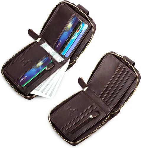 Vista 4 de BAIGIO Billetera de cuero genuino con cremallera alrededor de RFID bloqueo billetera plegable vintage multi tarjetero monedero, Café oscuro, Cartera