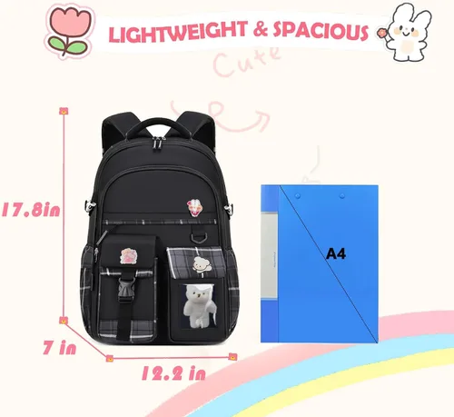 Vista 3 de PRLINJSK Mochila para niñas, mochila escolar linda para niñas, niños y adolescentes, mochila Kawaii para primaria, Negro, Mediana, Mochilas