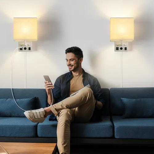 Vista 5 de Vrisa Juego de 2 apliques de pared para dormitorio, lámpara de pared enchufable, lámparas de noche con puertos USB y toma de corriente