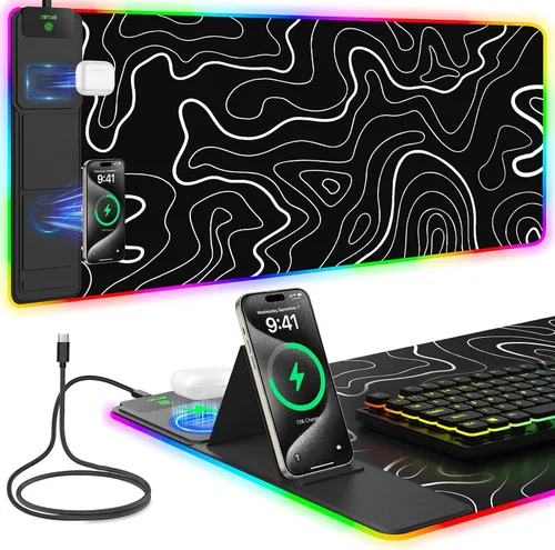 Vista 14 de Alfombrilla de ratón de carga inalámbrica, 31.5"x11.81" alfombrilla de ratón XL para juegos con 11 colores RGB y 5 modos de iluminación, alfombrilla