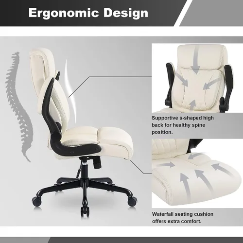 Vista 5 de Youhauchair Silla de oficina ejecutiva, silla ergonómica de piel sintética para computadora con soporte lumbar, reposabrazos abatibles y altura Beige