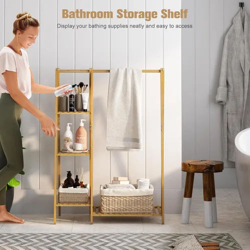 Vista 3 de Perchero pequeño de bambú, perchero de ropa para niños, mini perchero de madera con estantes, percheros cortos para disfraces para colgar paños