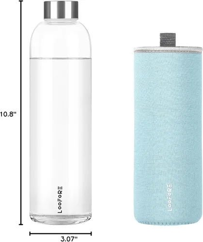 Vista 8 de Botella de agua de vidrio de 32 onzas con tapa y funda de neopreno, color azul claro Glass Drinking Bottle 1000ml, Reusable Bpa Free, Leakproof