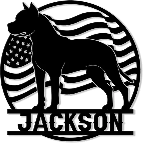 Vista 13 de Letrero de metal personalizado con diseño de perro Pitbull, bandera de Estados Unidos, letrero colgante para porche al aire libre, bienvenida