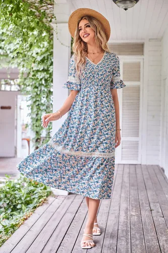 Vista 2 de GRACE KARIN Vestido largo bohemio con cuello en V para mujer, manga corta, fruncido, escalonado, cintura imperio, con volantes, para la playa