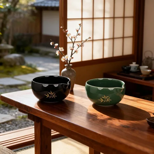 Vista 4 de Juego de batidor de matcha, 8 piezas de oro de flor de ciruelo para ceremonia de té japonesa, cuenco de cerámica con boquilla, batidor de bambú