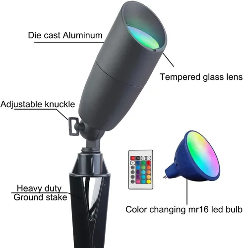 Vista 2 de Cheopha MR16 Bombilla LED que cambia de color de 12 V, iluminación de paisaje, RGB 5 W, 16 colores, luces de paisajismo al aire libre de aluminio